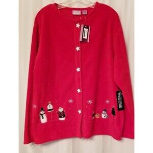 Women's Fleece Jacket Red Snowflake Buttons Snowmen & Holiday Trees Size 2X NEW